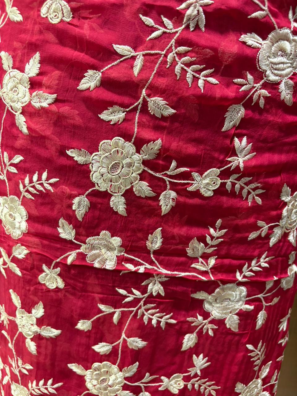 Cherry Red Organza Parsi Work Suit
