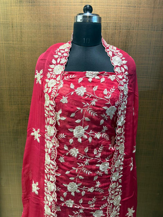 Cherry Red Organza Parsi Work Suit