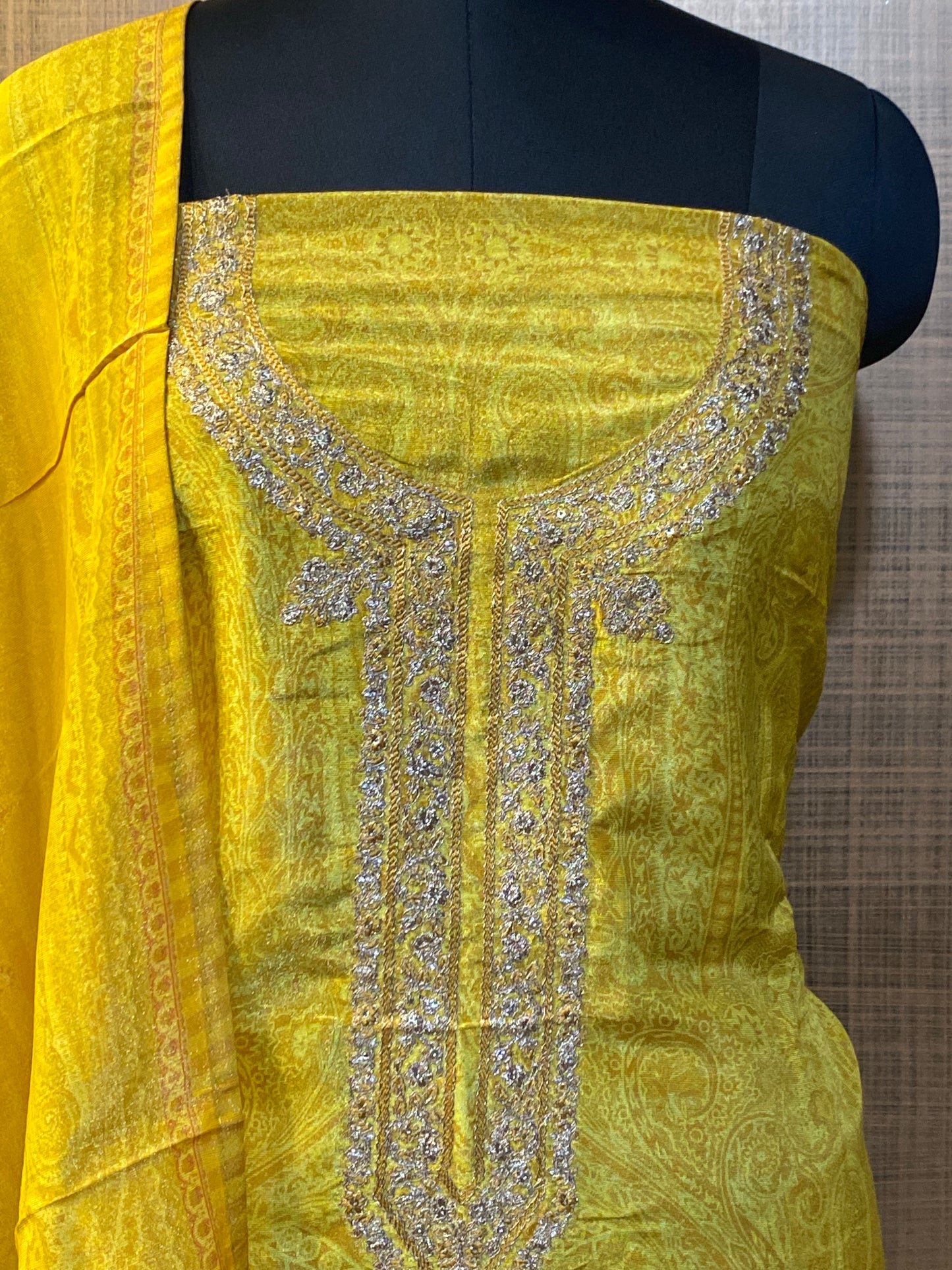 Mustard Yellow Printed Tissue-silk with neck embroidered suit