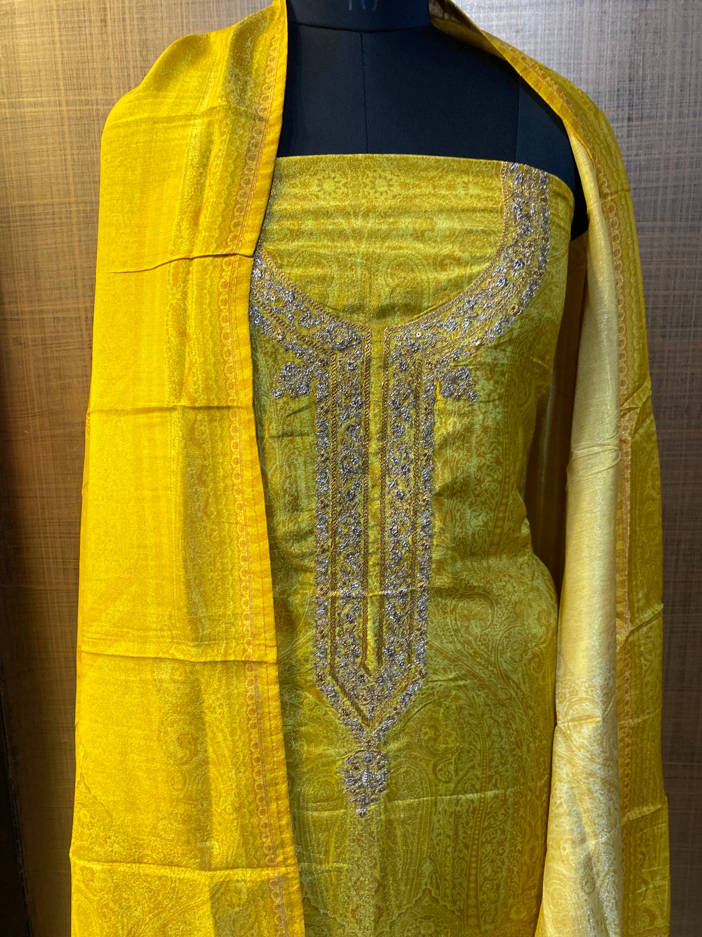 Mustard Yellow Printed Tissue-silk with neck embroidered suit