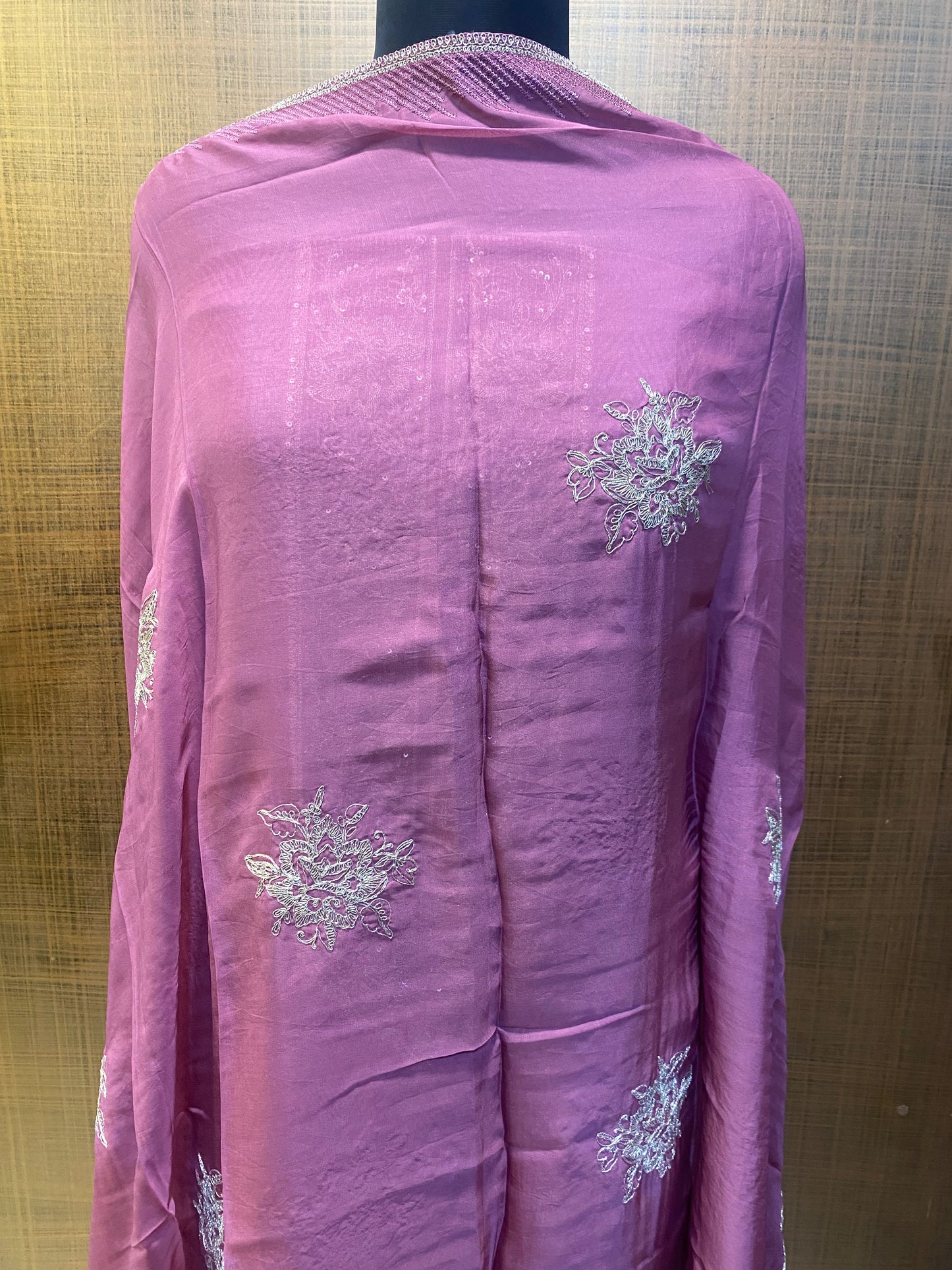 Mauve self Printed Embroidered Jacquard Silk Suit