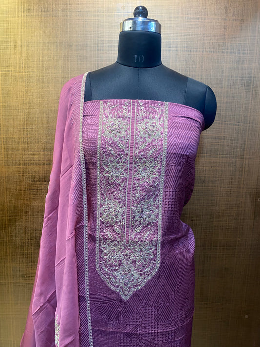 Mauve self Printed Embroidered Jacquard Silk Suit