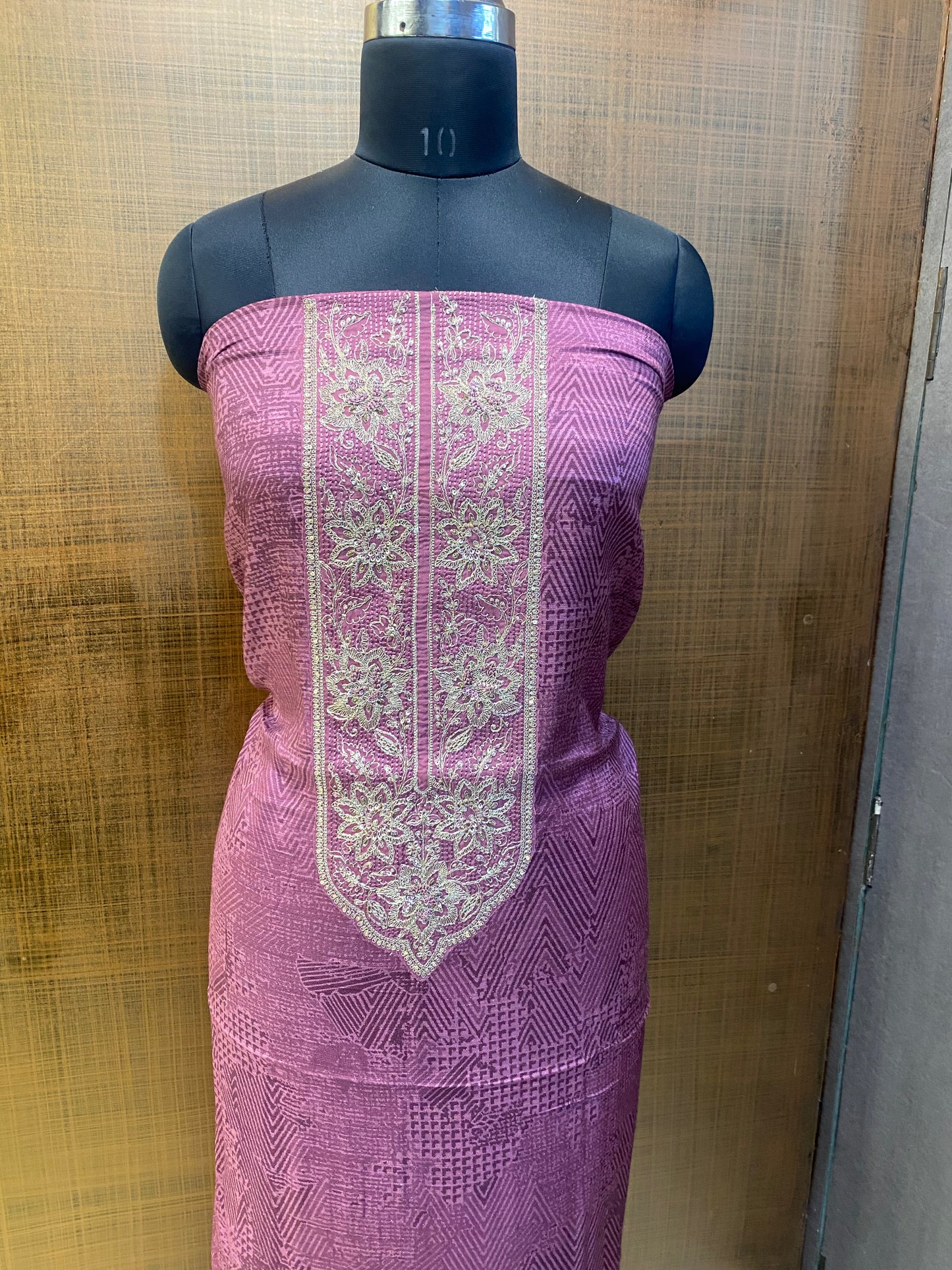 Mauve self Printed Embroidered Jacquard Silk Suit