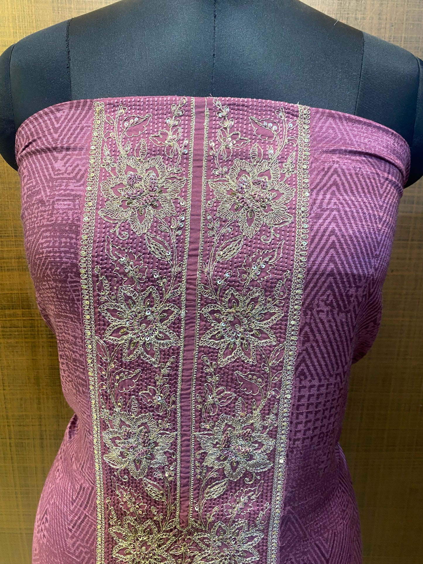 Mauve self Printed Embroidered Jacquard Silk Suit