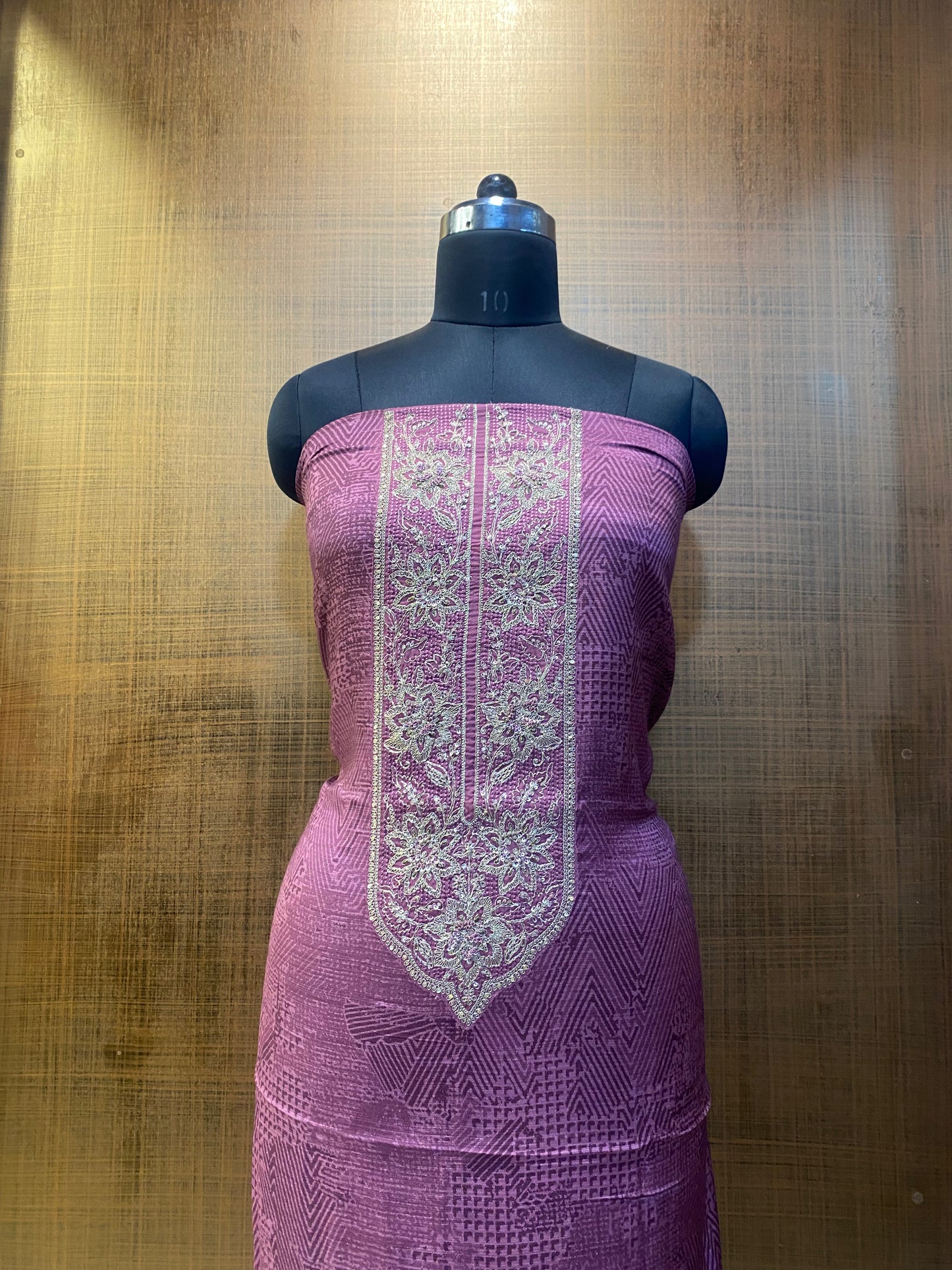 Mauve self Printed Embroidered Jacquard Silk Suit