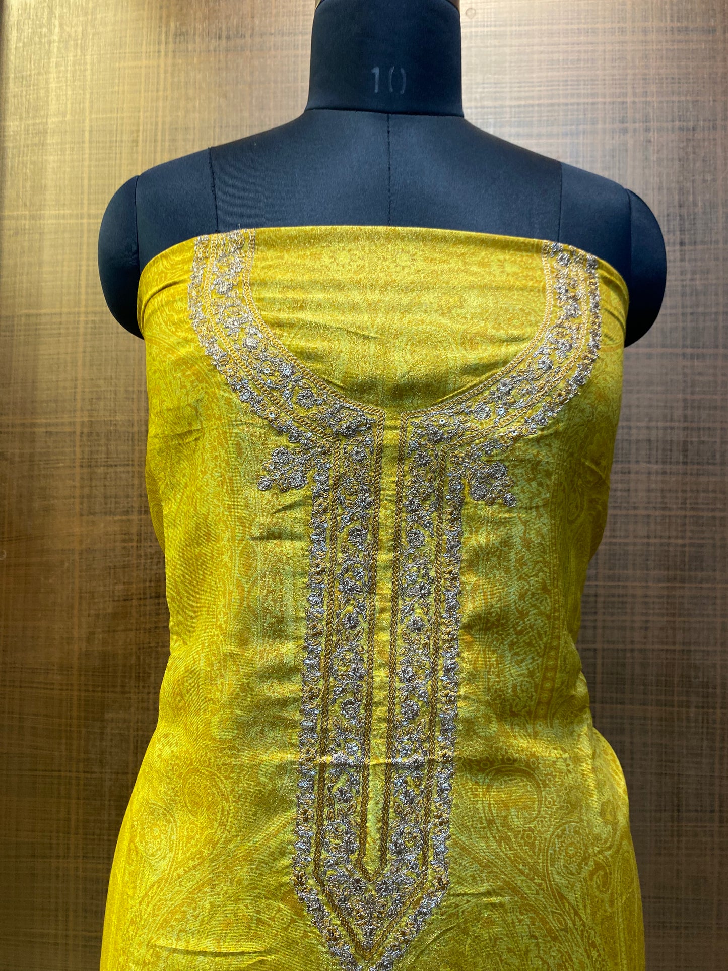 Mustard Yellow Printed Tissue-silk with neck embroidered suit