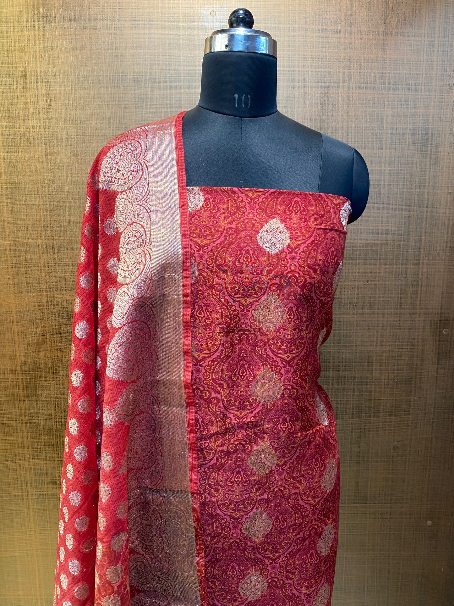 Red Printed Banarasi Maheshwari Suit
