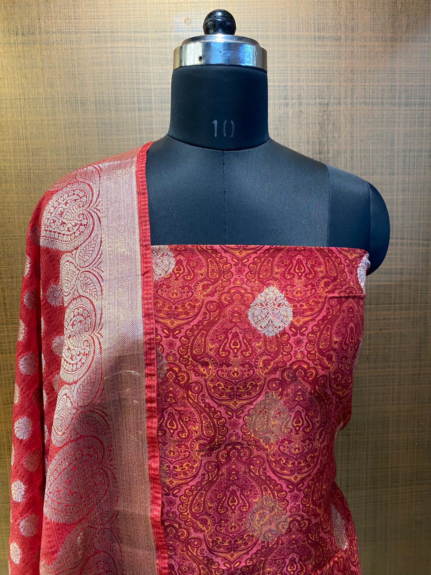 Red Printed Banarasi Maheshwari Suit