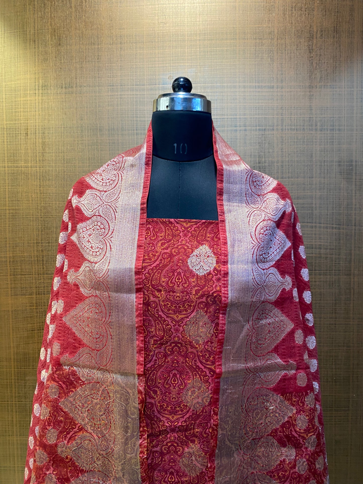 Red Printed Banarasi Maheshwari Suit