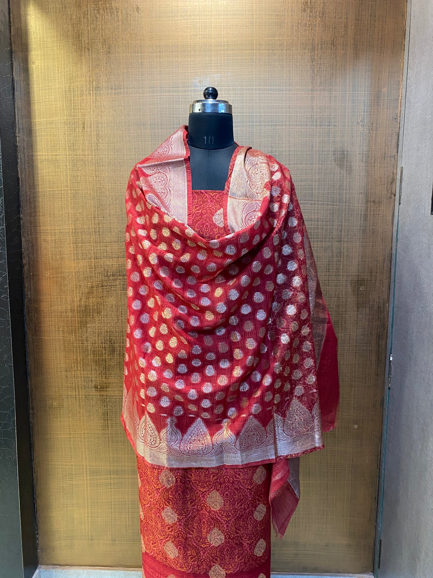 Red Printed Banarasi Maheshwari Suit