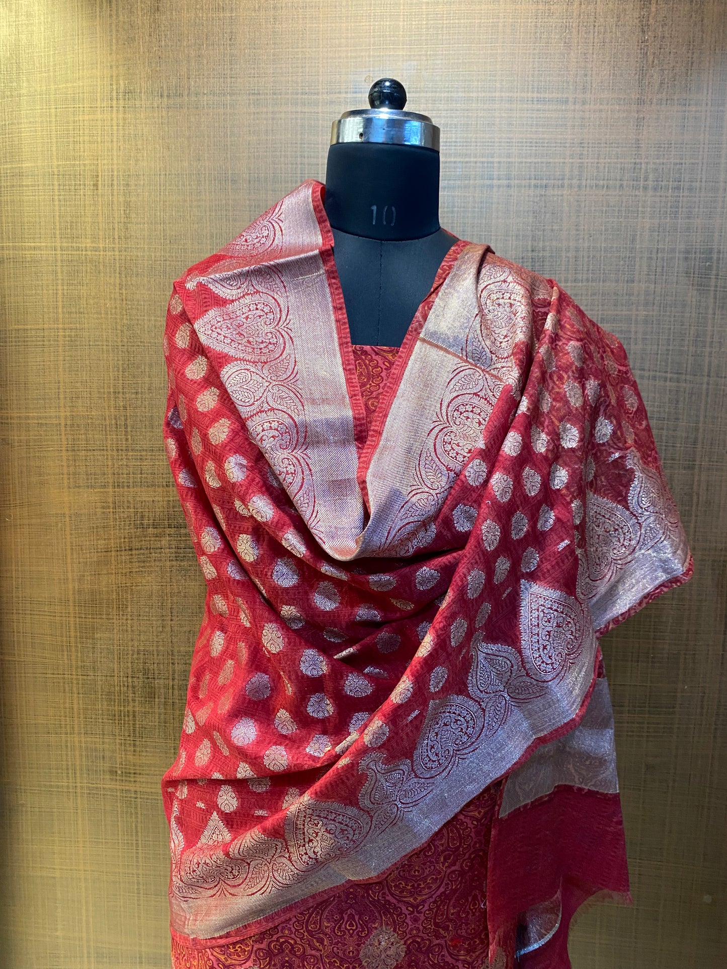 Red Printed Banarasi Maheshwari Suit