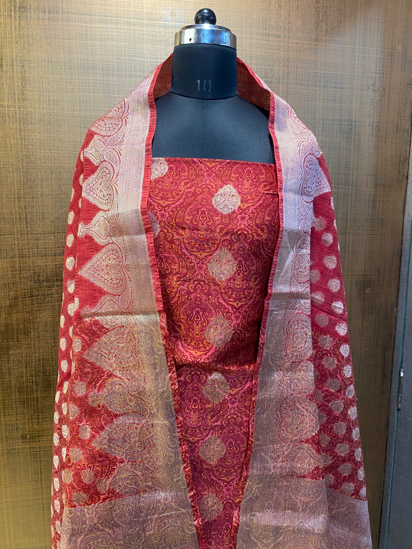 Red Printed Banarasi Maheshwari Suit