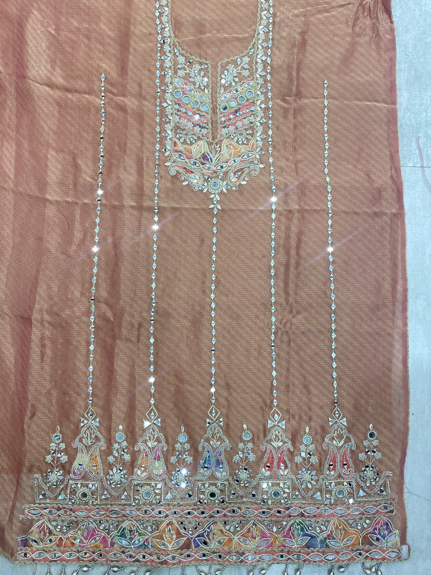 Rust Tissue Crepe with Gotta & Mirror Work Suit