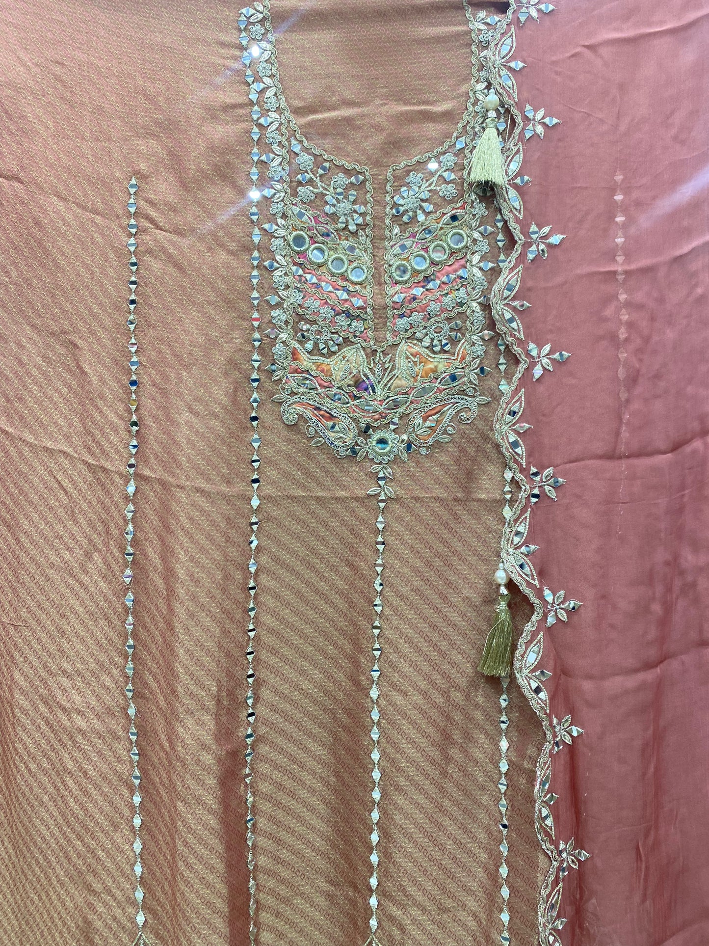 Rust Tissue Crepe with Gotta & Mirror Work Suit