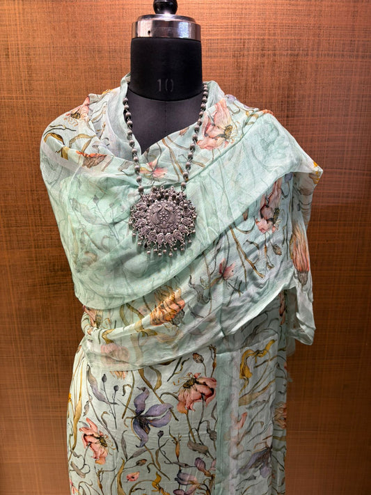Sea Green Printed Crepe with Chiffon Dup