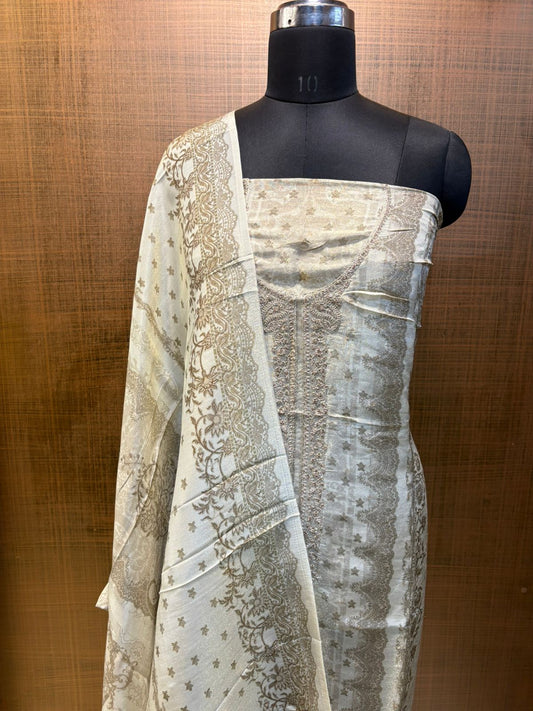 Tissue crepe beige with neck embroidery